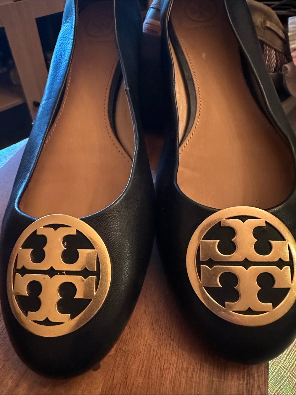 Tory Burch Black Leather Flats with Gold Logo Medallions